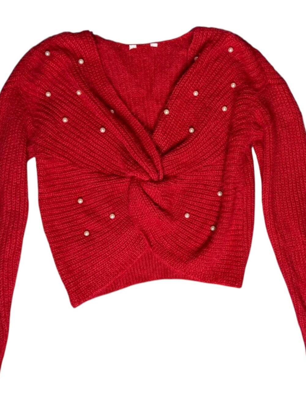 Red Pearl Embellished Twist-Front Sweater Women’s Size Large (11–13)